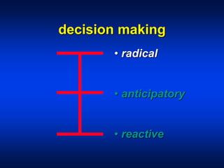 decision making
• radical
• anticipatory
• reactive
 