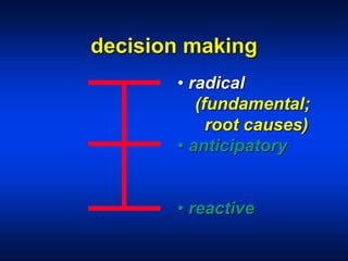 decision making
• radical
(fundamental;
root causes)
• anticipatory
• reactive
 