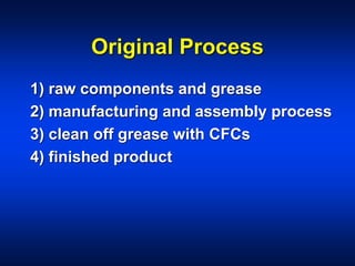 Original Process
1) raw components and grease
2) manufacturing and assembly process
3) clean off grease with CFCs
4) finished product
 