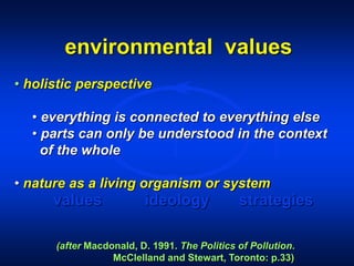environmental values
values ideology strategies
• holistic perspective
• everything is connected to everything else
• parts can only be understood in the context
of the whole
• nature as a living organism or system
(after Macdonald, D. 1991. The Politics of Pollution.
McClelland and Stewart, Toronto: p.33)
 
