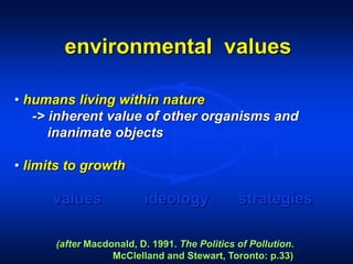 environmental values
values ideology strategies
• humans living within nature
-> inherent value of other organisms and
inanimate objects
• limits to growth
(after Macdonald, D. 1991. The Politics of Pollution.
McClelland and Stewart, Toronto: p.33)
 