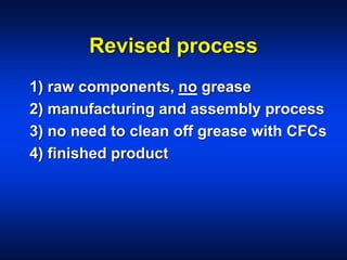 Revised process
1) raw components, no grease
2) manufacturing and assembly process
3) no need to clean off grease with CFCs
4) finished product
 