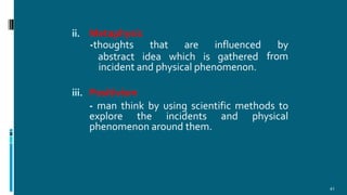 ii. Metaphysic
41
abstract idea which is gathered
-thoughts that are influenced by
from
incident and physical phenomenon.
iii. Positivism
- man think by using scientific methods to
explore the incidents and physical
phenomenon around them.
 