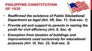 PHILIPPINE CONSTITUTION
OF 1935
• Reaffirmed the existence of Public Educational
Department as legal (Art. VII, Sec. 11, Sub-sec. 1)
• Provide aid and support to parents in rearing the
youth for civil efficiency (Art. II, Sec. 4)
• Exemption from taxation of buildings and
improvements used exclusively for educational
purposes (Art. VI, Sec. 22, Sub-sec. 3)
 