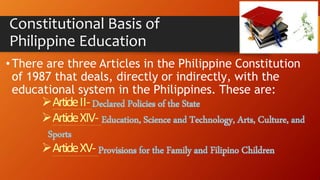 Constitutional Basis of
Philippine Education
• There are three Articles in the Philippine Constitution
of 1987 that deals, directly or indirectly, with the
educational system in the Philippines. These are:
ArticleII-
ArticleXIV-
ArticleXV-
 