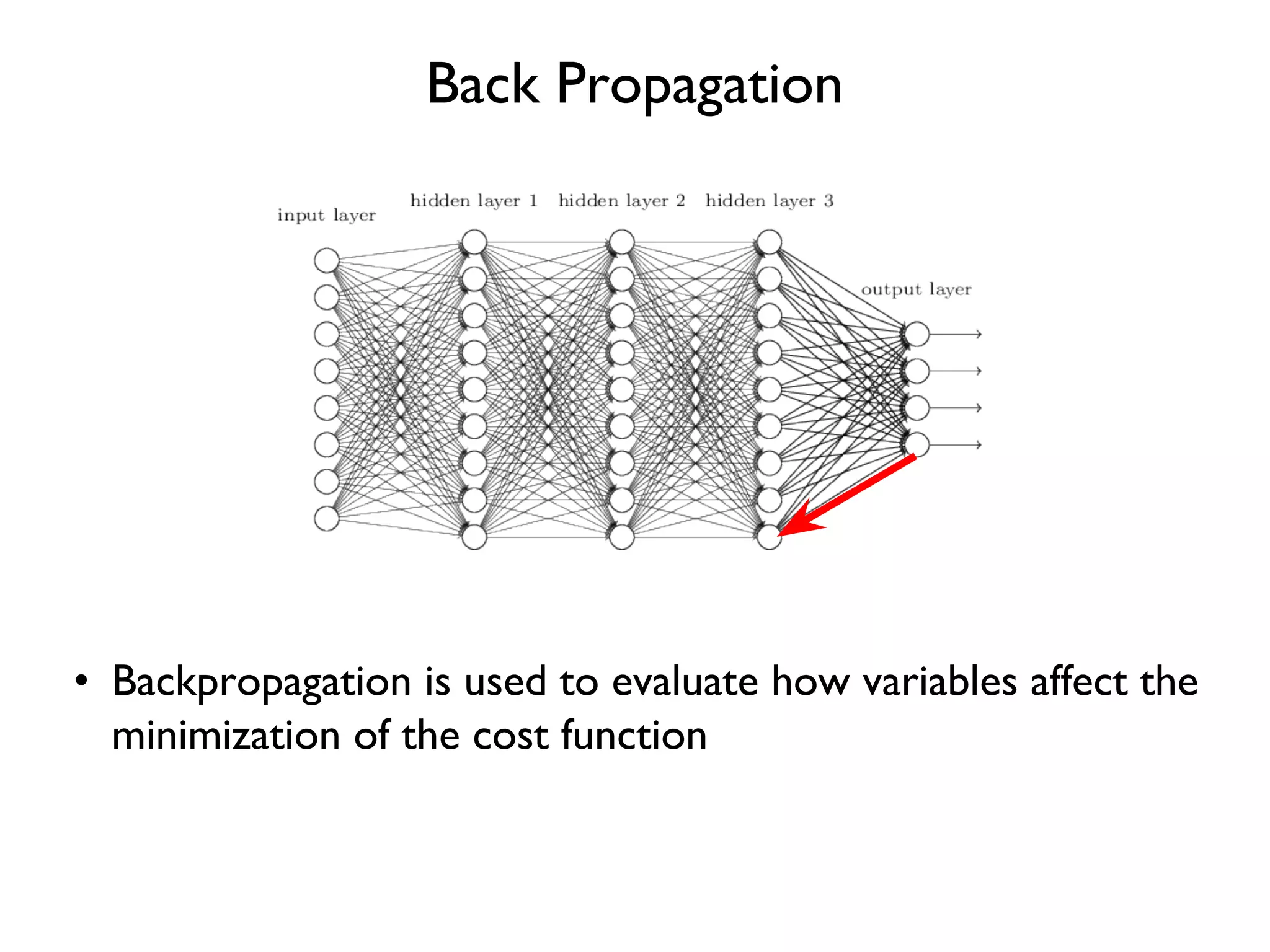 Back Propagation • Backpropagation is used to evaluate how variables affect the minimization of the cost function 