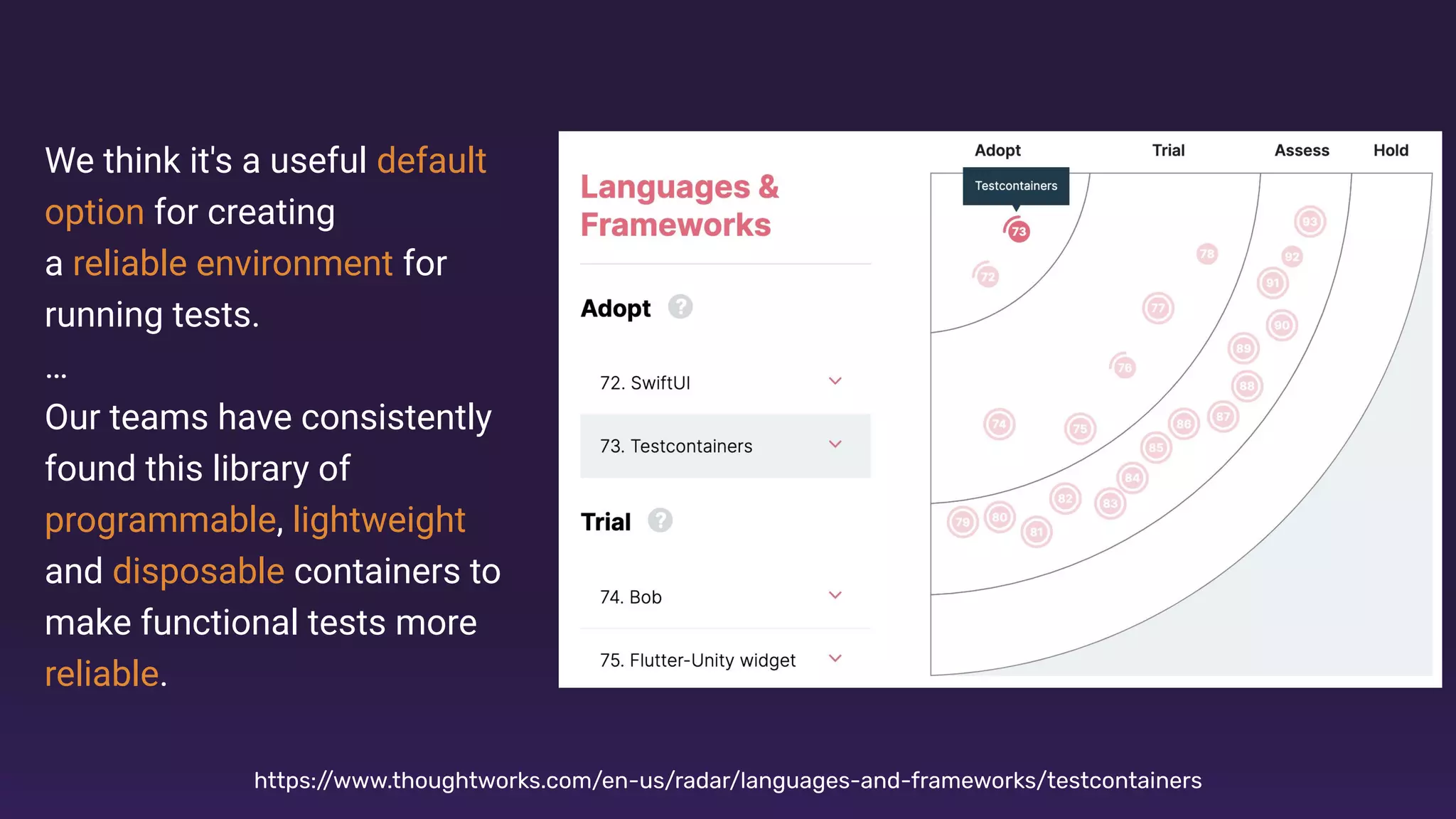https:/
/www.thoughtworks.com/en-us/radar/languages-and-frameworks/testcontainers
We think it's a useful default
option for creating
a reliable environment for
running tests.
…
Our teams have consistently
found this library of
programmable, lightweight
and disposable containers to
make functional tests more
reliable.
 