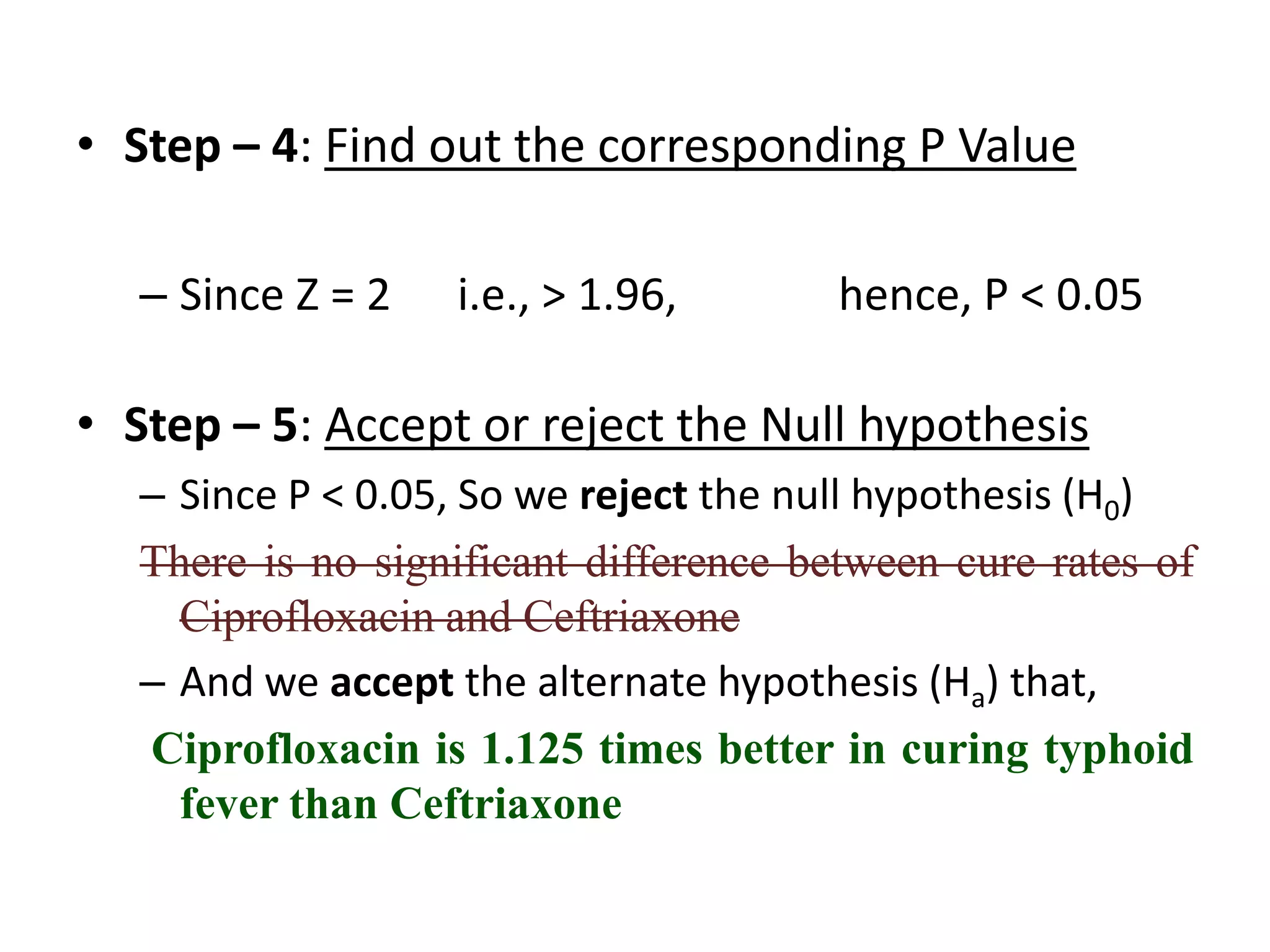 • Step – 4: Find out the corresponding P Value

   – Since Z = 2   i.e., > 1.96,        hence, P < 0.05

• Step – 5: Accept or reject the Null hypothesis
   – Since P < 0.05, So we reject the null hypothesis (H0)
   There is no significant difference between cure rates of
     Ciprofloxacin and Ceftriaxone
   – And we accept the alternate hypothesis (Ha) that,
   Ciprofloxacin is 1.125 times better in curing typhoid
     fever than Ceftriaxone
 