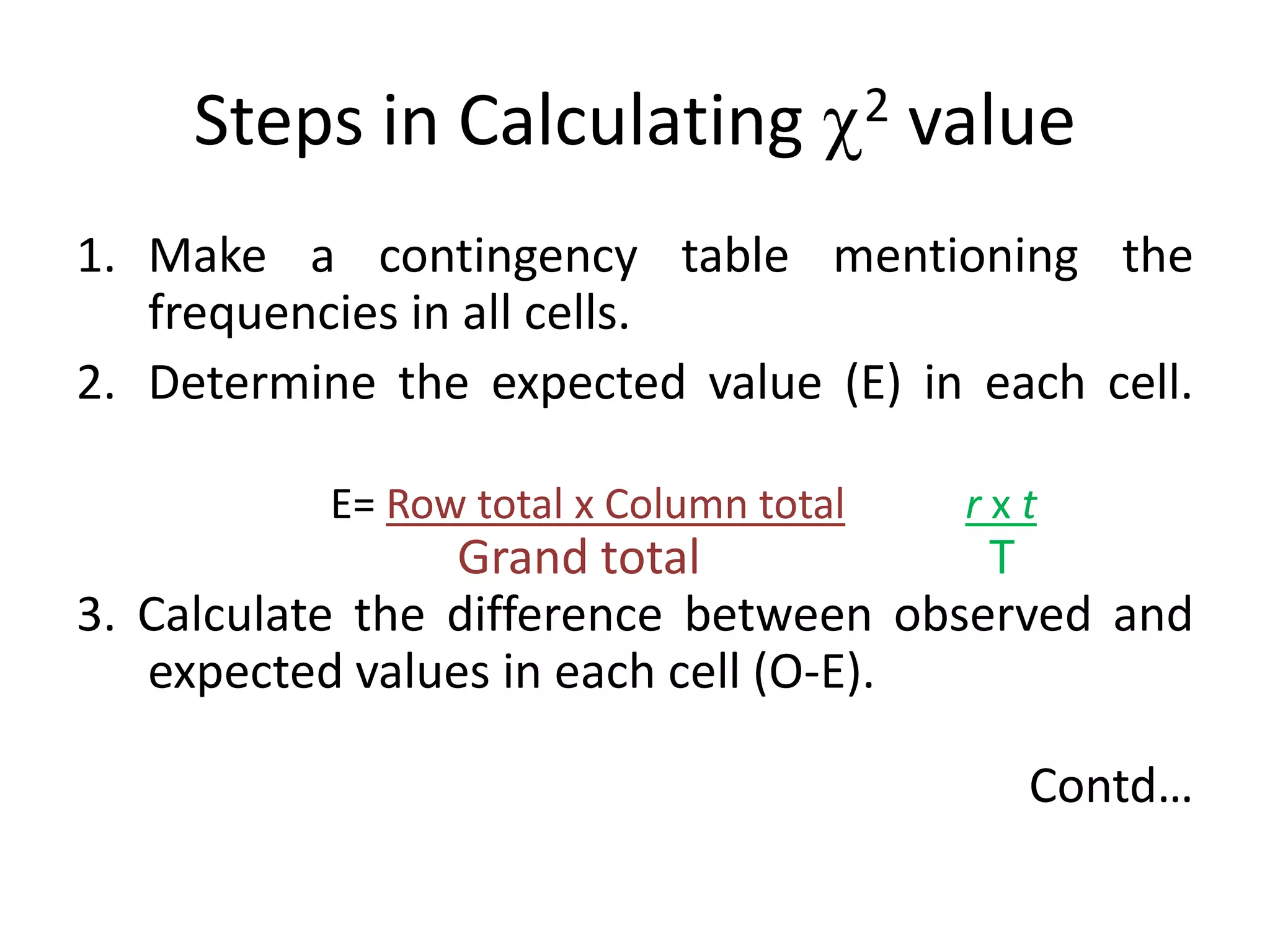 Steps in Calculating                2   value
1. Make a contingency table mentioning the
   frequencies in all cells.
2. Determine the expected value (E) in each cell.

           E= Row total x Column total        rxt
                 Grand total            T
3. Calculate the difference between observed and
   expected values in each cell (O-E).

                                                Contd…
 