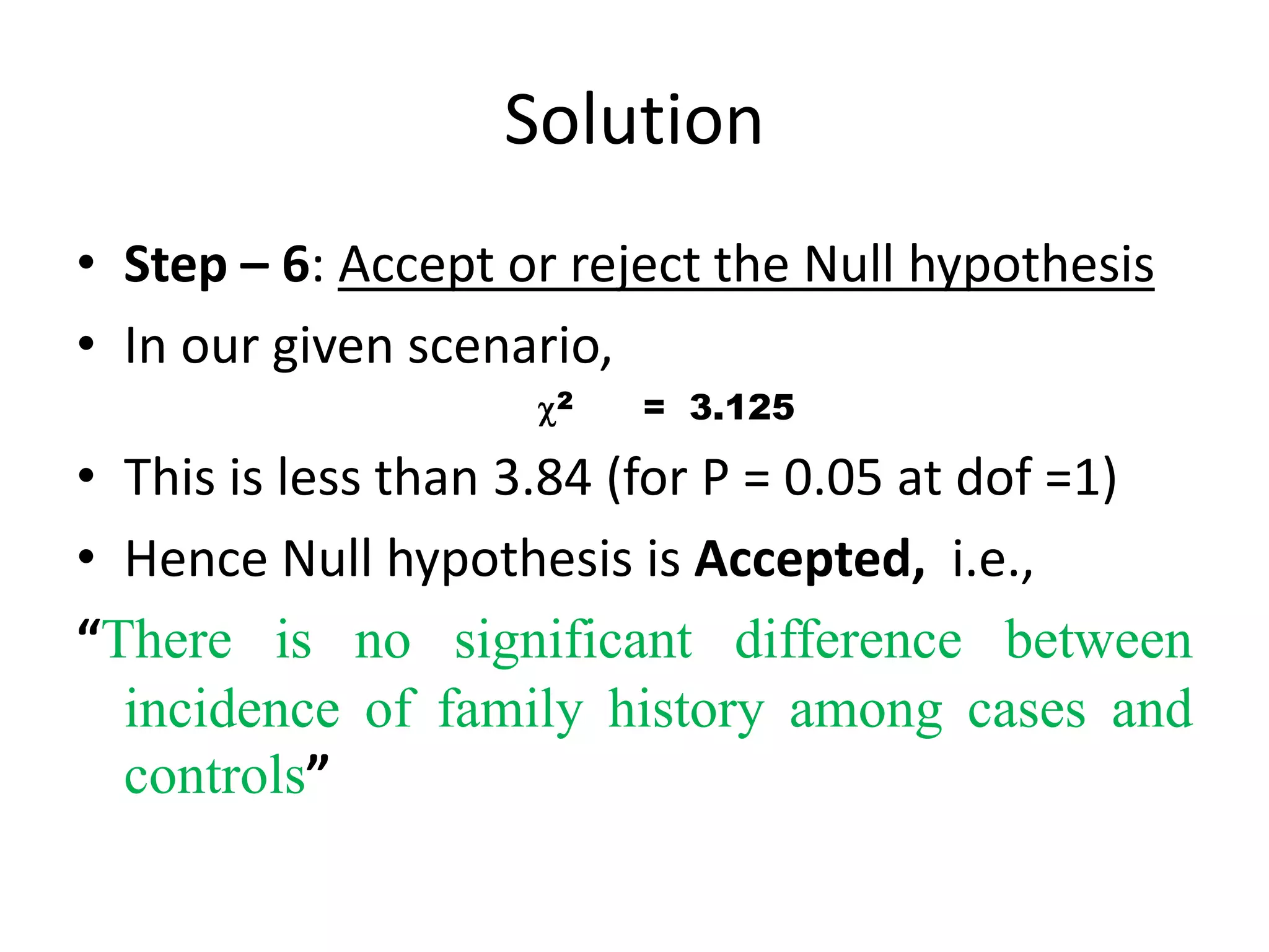 Solution
• Step – 6: Accept or reject the Null hypothesis
• In our given scenario,
                     2   = 3.125

• This is less than 3.84 (for P = 0.05 at dof =1)
• Hence Null hypothesis is Accepted, i.e.,
“There is no significant difference between
  incidence of family history among cases and
  controls”
 