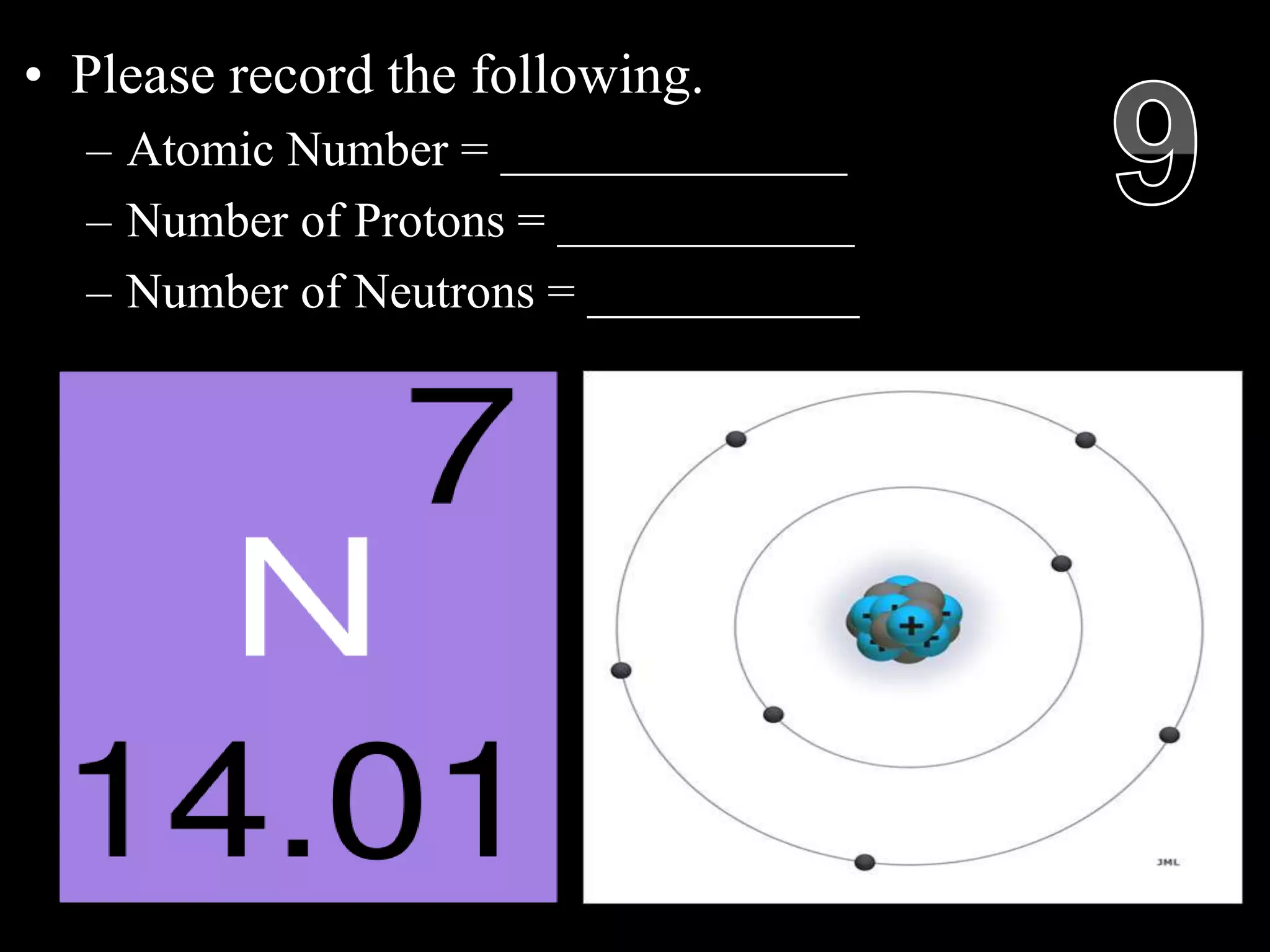 • Please record the following.
– Atomic Number = ______________
– Number of Protons = ____________
– Number of Neutrons = ___________
Copyright © 2010 Ryan P. Murphy
 