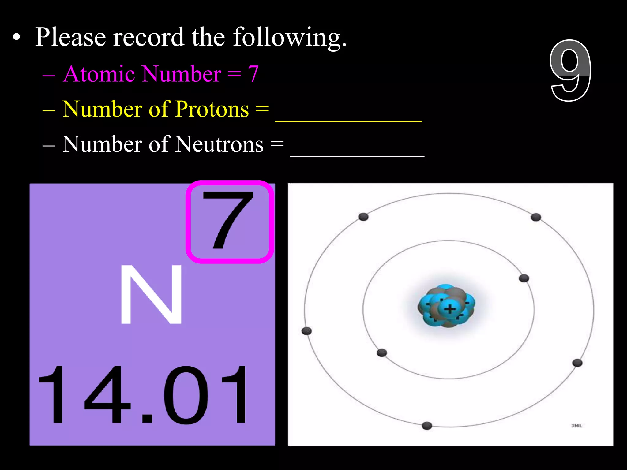 • Please record the following.
– Atomic Number = 7
– Number of Protons = ____________
– Number of Neutrons = ___________
Copyright © 2010 Ryan P. Murphy
 