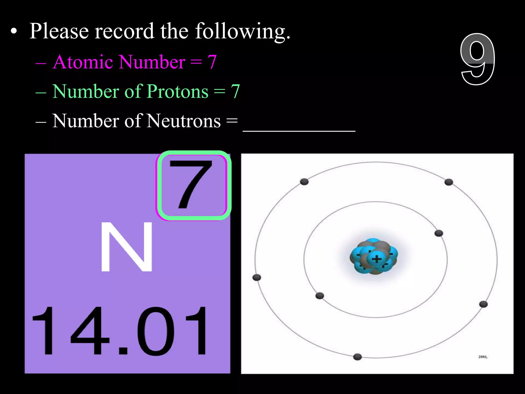 • Please record the following.
– Atomic Number = 7
– Number of Protons = 7
– Number of Neutrons = ___________
Copyright © 2010 Ryan P. Murphy
 
