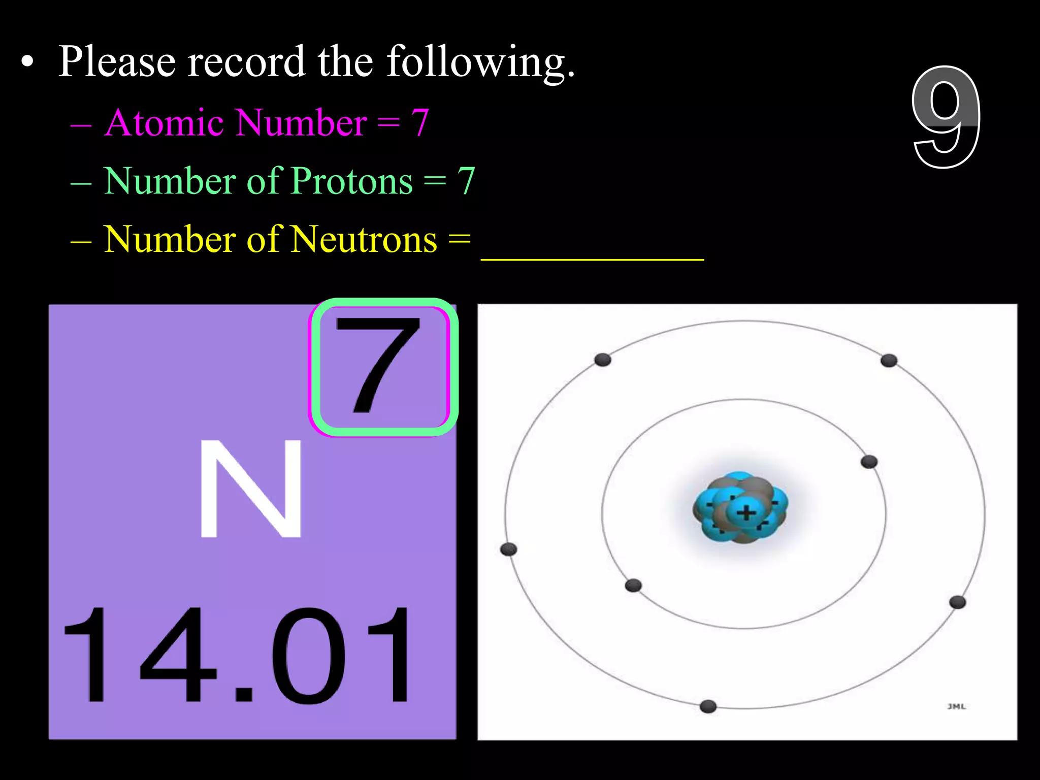 • Please record the following.
– Atomic Number = 7
– Number of Protons = 7
– Number of Neutrons = ___________
Copyright © 2010 Ryan P. Murphy
 