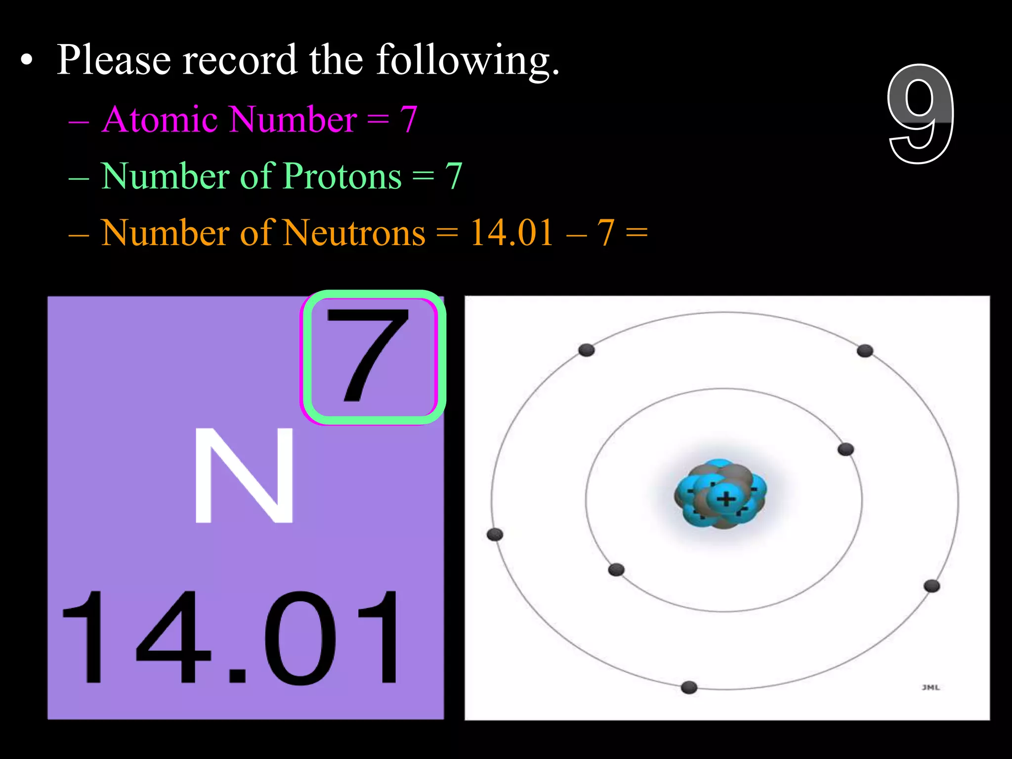 • Please record the following.
– Atomic Number = 7
– Number of Protons = 7
– Number of Neutrons = 14.01 – 7 =
Copyright © 2010 Ryan P. Murphy
 