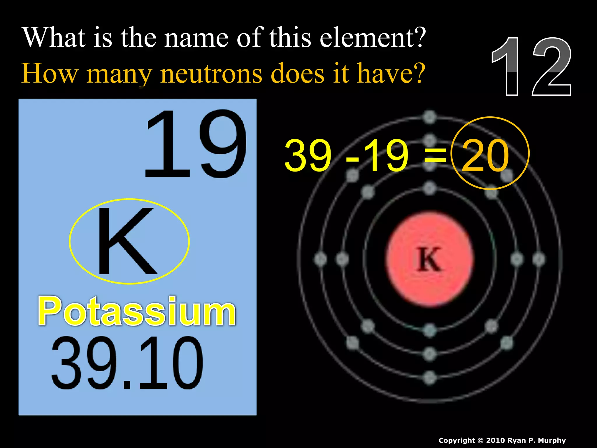What is the name of this element?
How many neutrons does it have?
Copyright © 2010 Ryan P. Murphy
39 -19 = 20
 