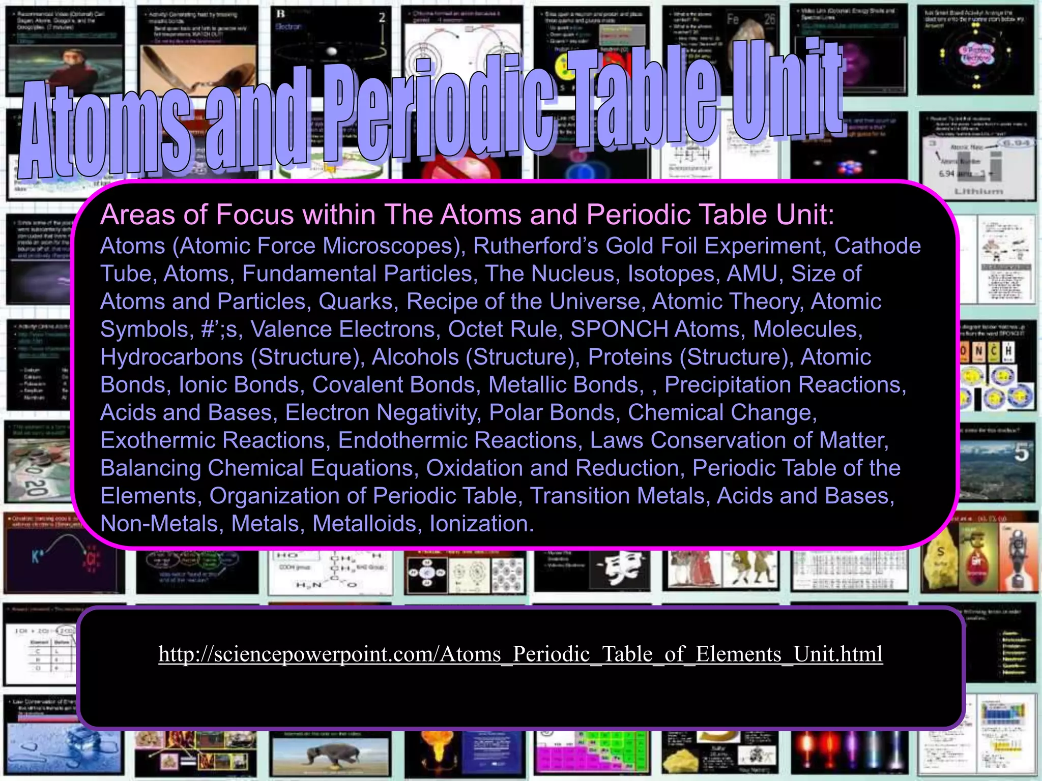 http://sciencepowerpoint.com/Atoms_Periodic_Table_of_Elements_Unit.html
Areas of Focus within The Atoms and Periodic Table Unit:
Atoms (Atomic Force Microscopes), Rutherford’s Gold Foil Experiment, Cathode
Tube, Atoms, Fundamental Particles, The Nucleus, Isotopes, AMU, Size of
Atoms and Particles, Quarks, Recipe of the Universe, Atomic Theory, Atomic
Symbols, #’;s, Valence Electrons, Octet Rule, SPONCH Atoms, Molecules,
Hydrocarbons (Structure), Alcohols (Structure), Proteins (Structure), Atomic
Bonds, Ionic Bonds, Covalent Bonds, Metallic Bonds, , Precipitation Reactions,
Acids and Bases, Electron Negativity, Polar Bonds, Chemical Change,
Exothermic Reactions, Endothermic Reactions, Laws Conservation of Matter,
Balancing Chemical Equations, Oxidation and Reduction, Periodic Table of the
Elements, Organization of Periodic Table, Transition Metals, Acids and Bases,
Non-Metals, Metals, Metalloids, Ionization.
 