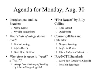 Agenda for Monday, Aug. 30 ,[object Object],[object Object],[object Object],[object Object],[object Object],[object Object],[object Object],[object Object],[object Object],[object Object],[object Object],[object Object],[object Object],[object Object],[object Object],[object Object],[object Object],[object Object],[object Object]