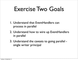 Exercise Two Goals
                   1. Understand that EventHandlers can
                      process in parallel
                   2. Understand how to wire up EventHandlers
                      in parallel
                   3. Understand the caveats to going parallel -
                      single writer principal



Tuesday, 25 September 12
 