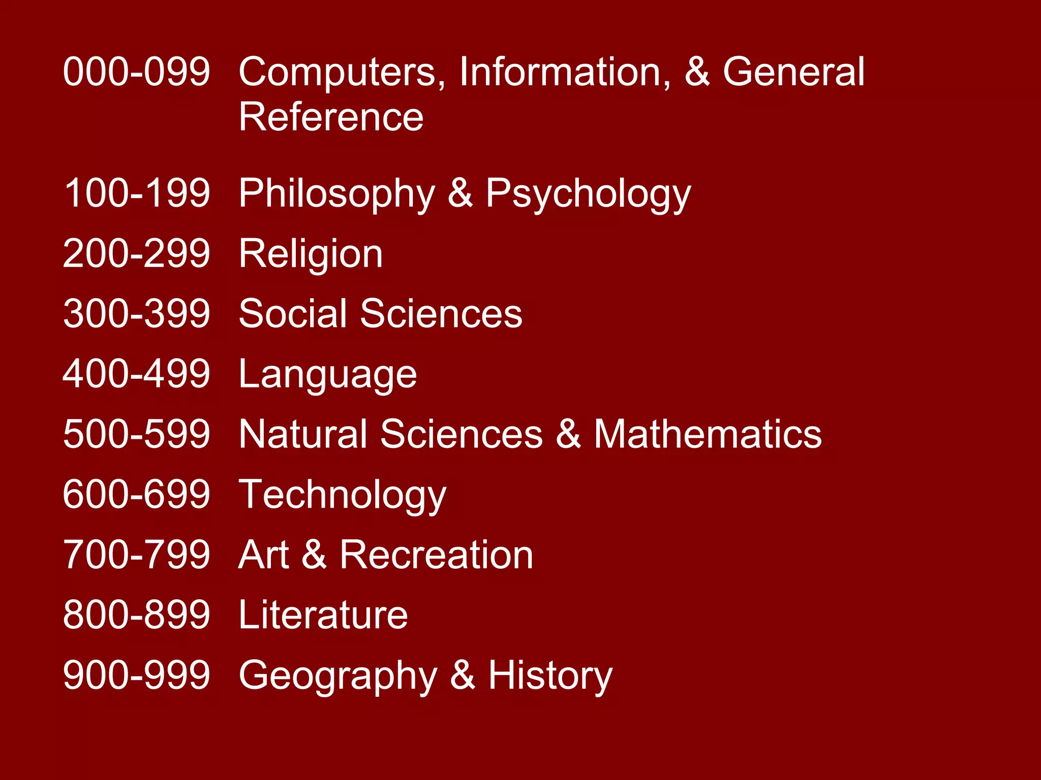 000-099 Computers, Information, & General
        Reference
100-199   Philosophy & Psychology
200-299   Religion
300-399   Social Sciences
400-499   Language
500-599   Natural Sciences & Mathematics
600-699   Technology
700-799   Art & Recreation
800-899   Literature
900-999   Geography & History
 