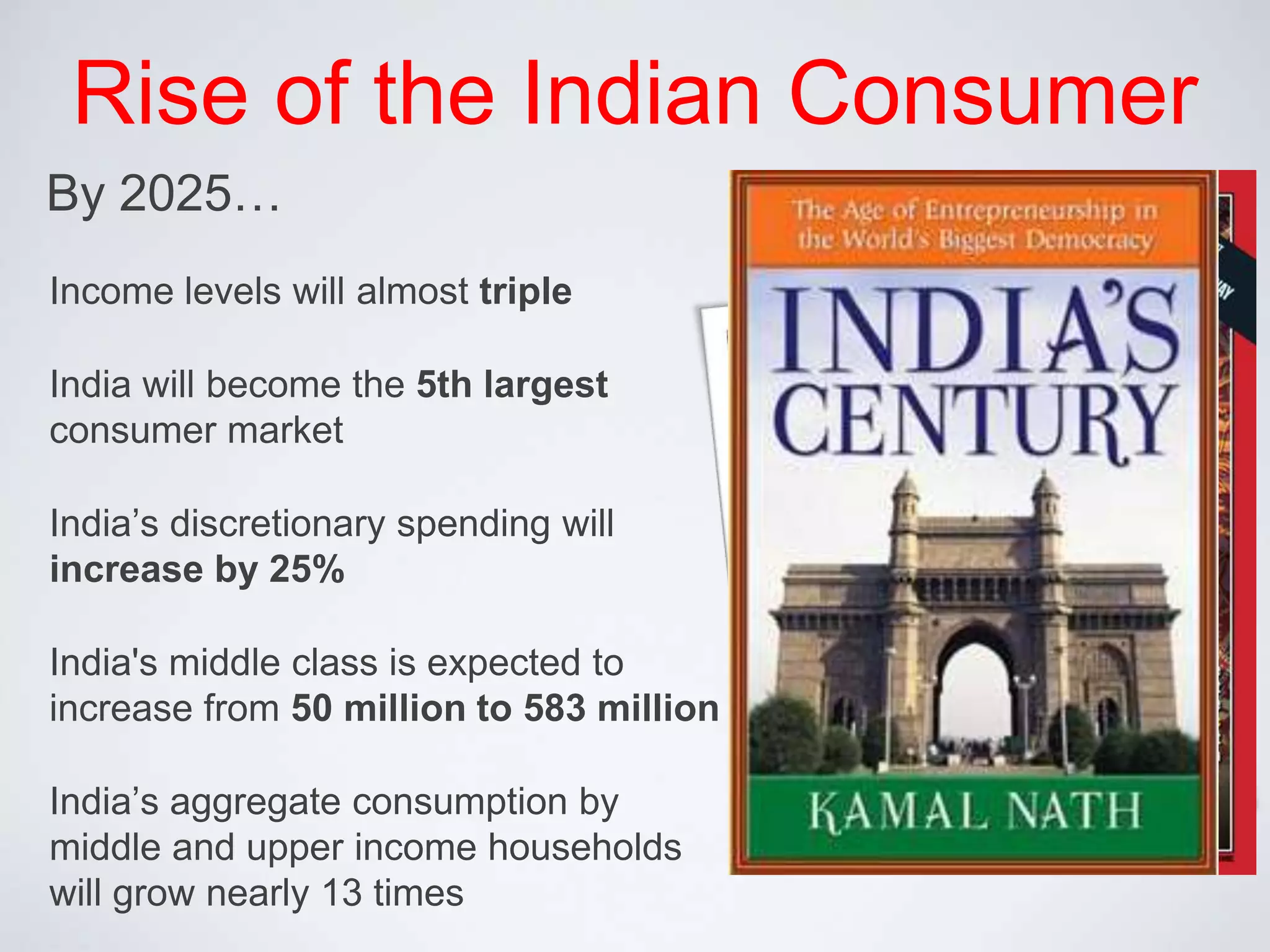 Rise of the Indian ConsumerBy 2025…Income levels will almost tripleIndia will become the 5th largest consumer marketIndia’s discretionary spending will increase by 25%India's middle class is expected to increase from 50 million to 583 millionIndia’s aggregate consumption by middle and upper income households will grow nearly 13 times