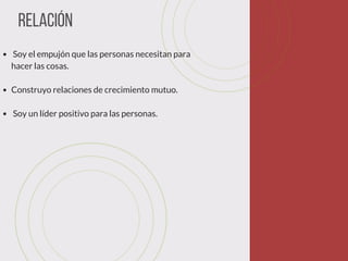 relación
 Soy el empujón que las personas necesitan para
hacer las cosas.
Construyo relaciones de crecimiento mutuo.
 Soy un líder positivo para las personas.
 