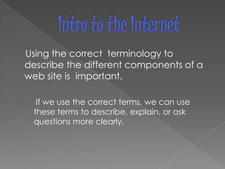 Intro to the Internet     Using the correct  terminology to describe the different components of a web site is  important.       If we use the correct terms, we can use these terms to describe, explain, or ask questions more clearly. 