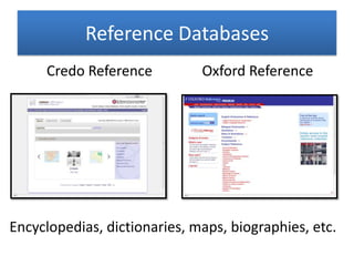 Reference Databases
Credo Reference Oxford Reference
Encyclopedias, dictionaries, maps, biographies, etc.
 