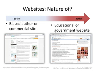 Websites: Nature of?
• Biased author or
commercial site
BetterSo-so
• Educational or
government website
http://www.proactiv.com/aboutacne/howacnehappens/facefitness.php http://www.ncbi.nlm.nih.gov/pubmedhealth/PMH0001876/
 