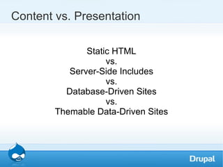 Content vs. Presentation Static HTML vs. Server-Side Includes vs. Database-Driven Sites vs. Themable Data-Driven Sites 