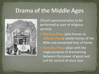 Church sponsored plays to be
performed as part of religious
services
 Mystery Plays (also known as
Miracle Plays): retold stories of the
Bible and presented lives of Saints
 Morality Plays: plays with the
single purpose of dramatizing
between the power of good and
evil for control of one’s soul
 