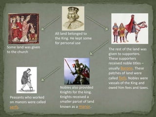 All land belonged to
the King. He kept some
for personal use
Some land was given
to the church
The rest of the land was
given to supporters.
These supporters
received noble titles –
usually Barons. These
patches of land were
called fiefs. Nobles were
vassals of the King and
owed him fees and taxes.Nobles also provided
Knights for the king.
Knights received a
smaller parcel of land
known as a manor.
Peasants who worked
on manors were called
serfs.
 
