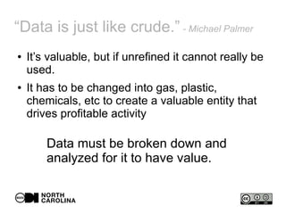 “Data is just like crude.” - Michael Palmer
● It’s valuable, but if unrefined it cannot really be
used.
● It has to be changed into gas, plastic,
chemicals, etc to create a valuable entity that
drives profitable activity
Data must be broken down and
analyzed for it to have value.
 