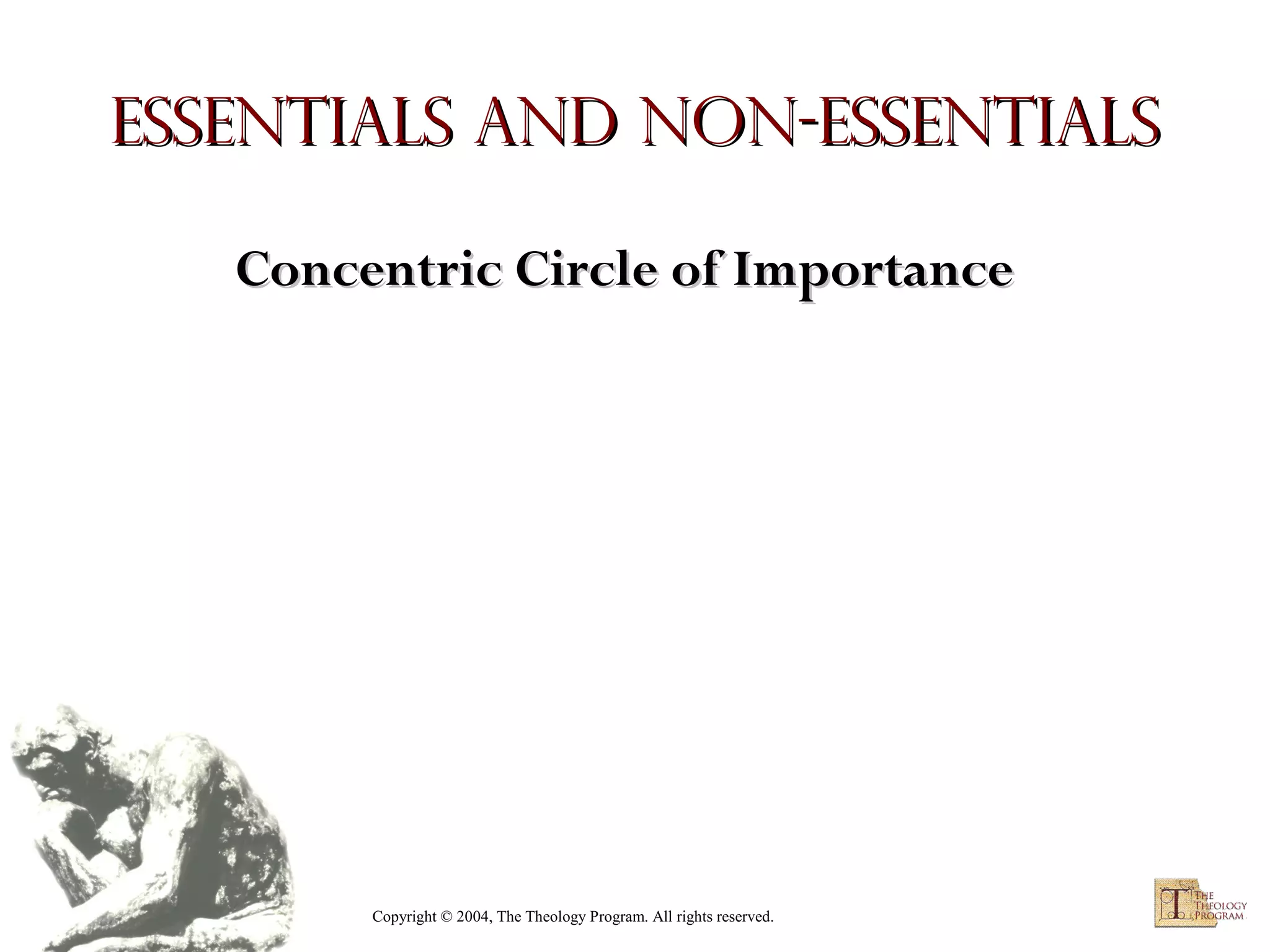 Essentials and Non-essentials
Concentric Circle of Importance

Copyright © 2004, The Theology Program. All rights reserved.

 