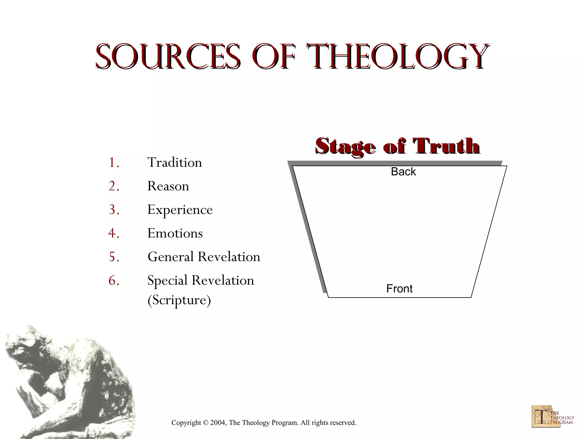 Sources of Theology
1.
2.
3.
4.
5.
6.

Tradition
Reason
Experience
Emotions
General Revelation
Special Revelation
(Scripture)

Stage of Truth

Copyright © 2004, The Theology Program. All rights reserved.

Back

Front

 