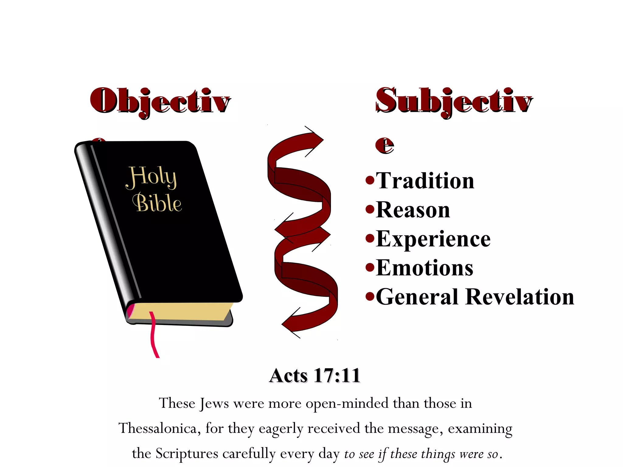 Subjectiv
e

Objectiv
e

•Tradition
•Reason
•Experience
•Emotions
•General Revelation
Acts 17:11
These Jews were more open-minded than those in
Thessalonica, for they eagerly received the message, examining
the Scriptures carefully every day to see if these things were so.

 