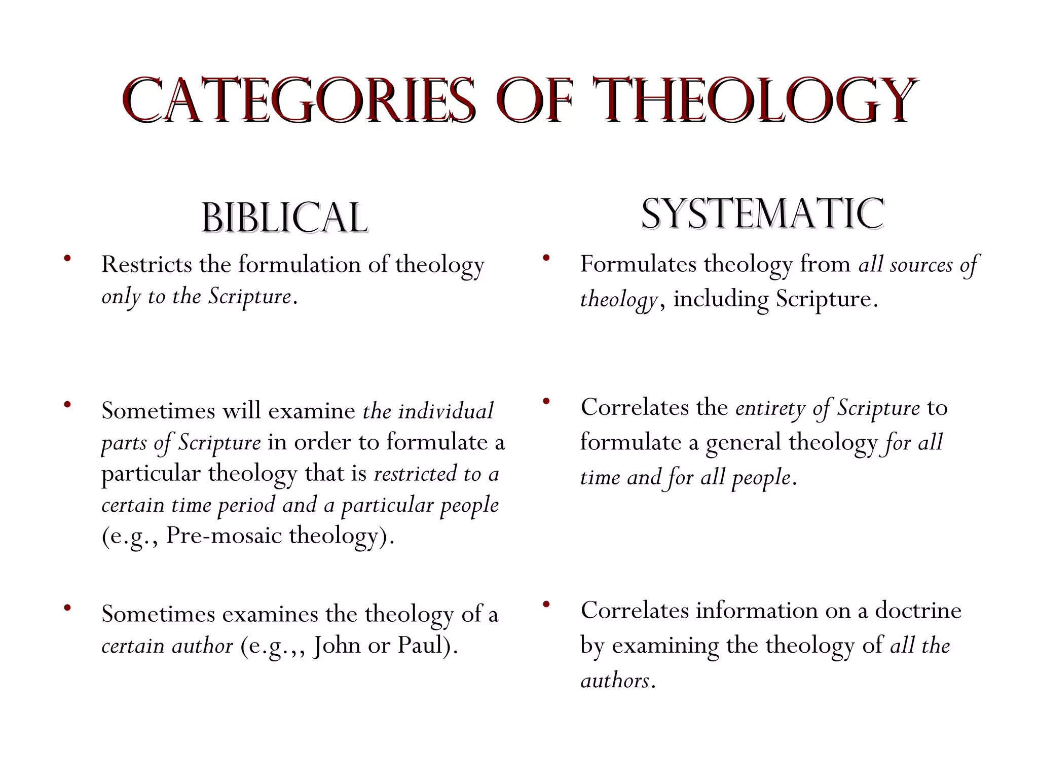 Categories of Theology
Systematic

Biblical
•

Restricts the formulation of theology
only to the Scripture.

•

Formulates theology from all sources of
theology, including Scripture.

•

Sometimes will examine the individual
parts of Scripture in order to formulate a
particular theology that is restricted to a
certain time period and a particular people
(e.g., Pre-mosaic theology).

•

Correlates the entirety of Scripture to
formulate a general theology for all
time and for all people.

•

Sometimes examines the theology of a
certain author (e.g.,, John or Paul).

•

Correlates information on a doctrine
by examining the theology of all the
authors.

 