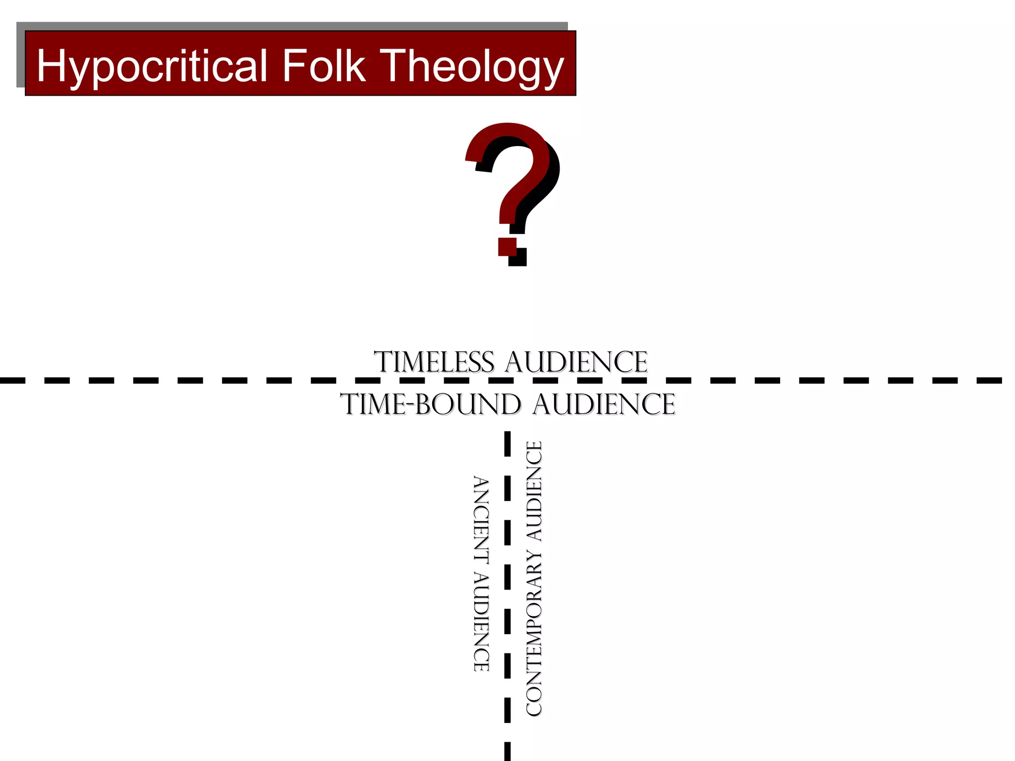 Hypocritical Folk Theology
Hypocritical Folk Theology

?
Ancient Audience
Ancient Audience

Contemporary Audience

Timeless Audience
Time-bound Audience

 