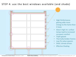Passive House Academy | 334 Douglas Street. Brooklyn, NY 11217 | info@passivehouseacademy.com | 27Introduction to Passive House | December 1, 2016
STEP 4: use the best windows available (and shade)
• High-Performance
glazing adds more
energy to the home than
it loses
• Glass’s high int. surface
temps lead to increased
occupant comfort
• Triple-glazed
• Thermally broken frames
• Low Psi-value spacers
• SHGC climate driven
• Effective Shading
 