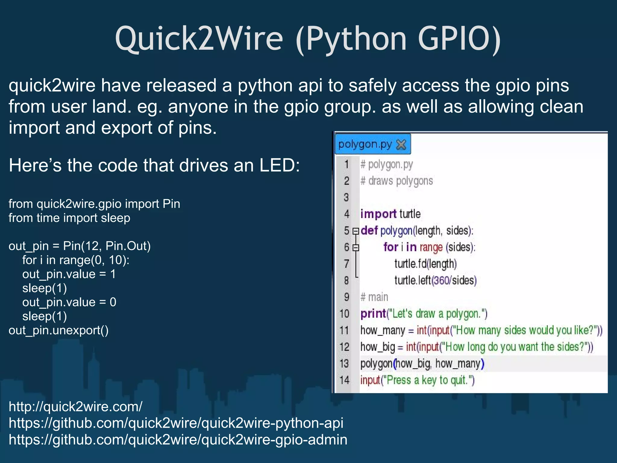 Quick2Wire (Python GPIO) quick2wire have released a python api to safely access the gpio pins from user land. eg. anyone in the gpio group. as well as allowing clean import and export of pins. Here’s the code that drives an LED: from quick2wire.gpio import Pin from time import sleep out_pin = Pin(12, Pin.Out) for i in range(0, 10): out_pin.value = 1 sleep(1) out_pin.value = 0 sleep(1) out_pin.unexport() http://quick2wire.com/ https://github.com/quick2wire/quick2wire-python-api https://github.com/quick2wire/quick2wire-gpio-admin 