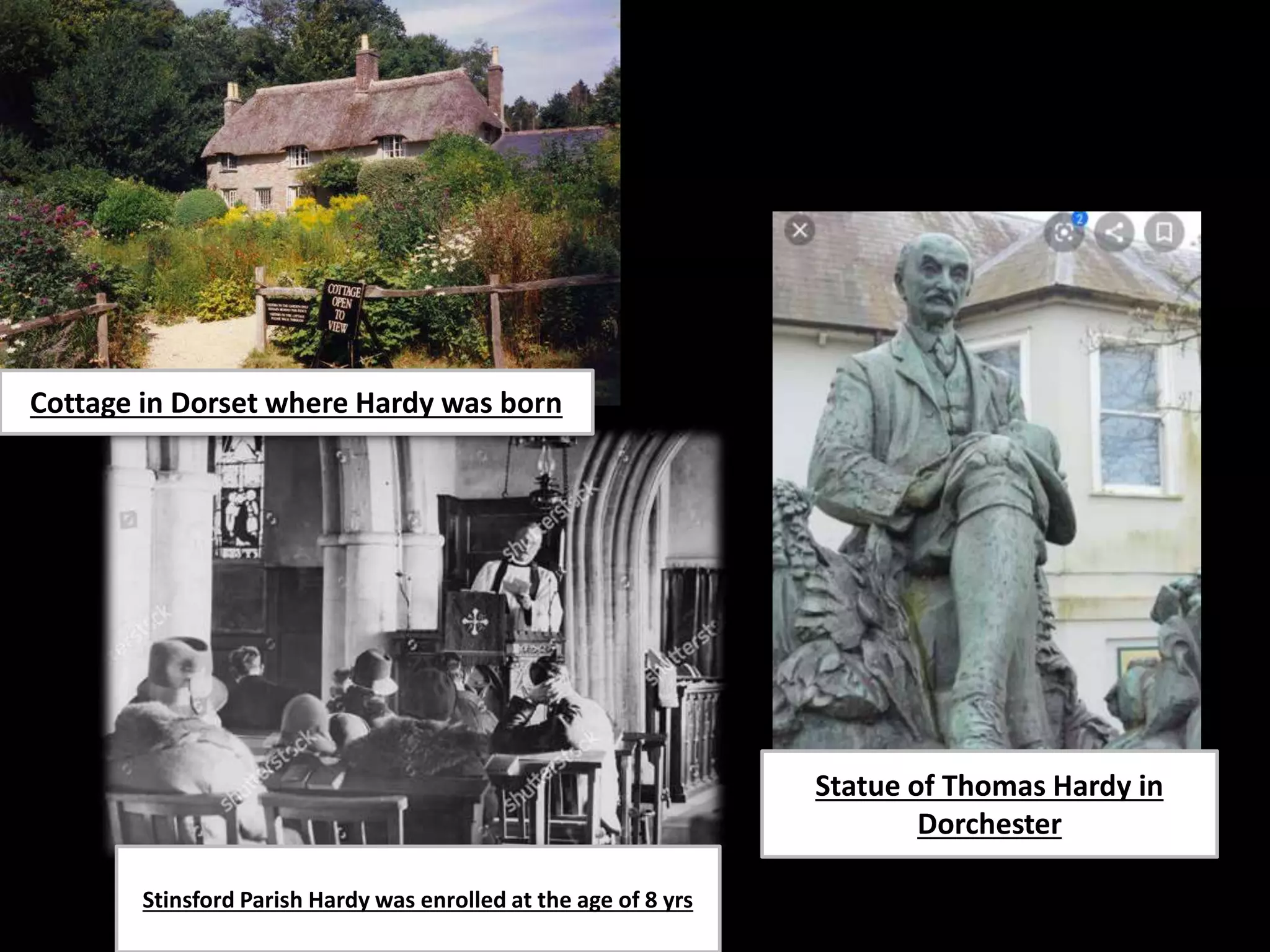 Statue of Thomas Hardy in
Dorchester
Stinsford Parish Hardy was enrolled at the age of 8 yrs
Cottage in Dorset where Hardy was born
 
