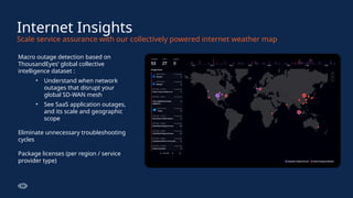 Macro outage detection based on
ThousandEyes’ global collective
intelligence dataset :
• Understand when network
outages that disrupt your
global SD-WAN mesh
• See SaaS application outages,
and its scale and geographic
scope
Eliminate unnecessary troubleshooting
cycles
Package licenses (per region / service
provider type)
Internet Insights
Scale service assurance with our collectively powered internet weather map
 