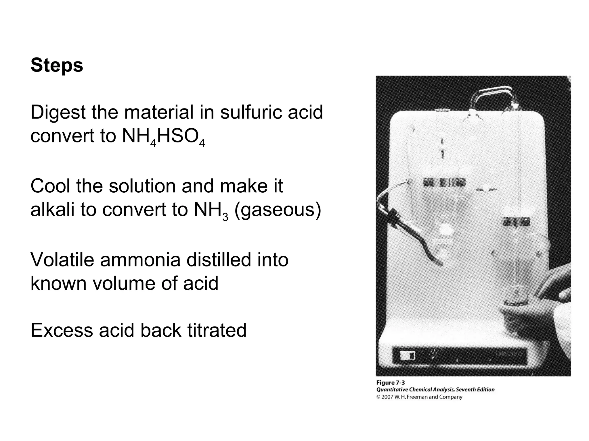 Steps
Digest the material in sulfuric acid
convert to NH4HSO4
Cool the solution and make it
alkali to convert to NH3 (gaseous)
Volatile ammonia distilled into
known volume of acid
Excess acid back titrated
 