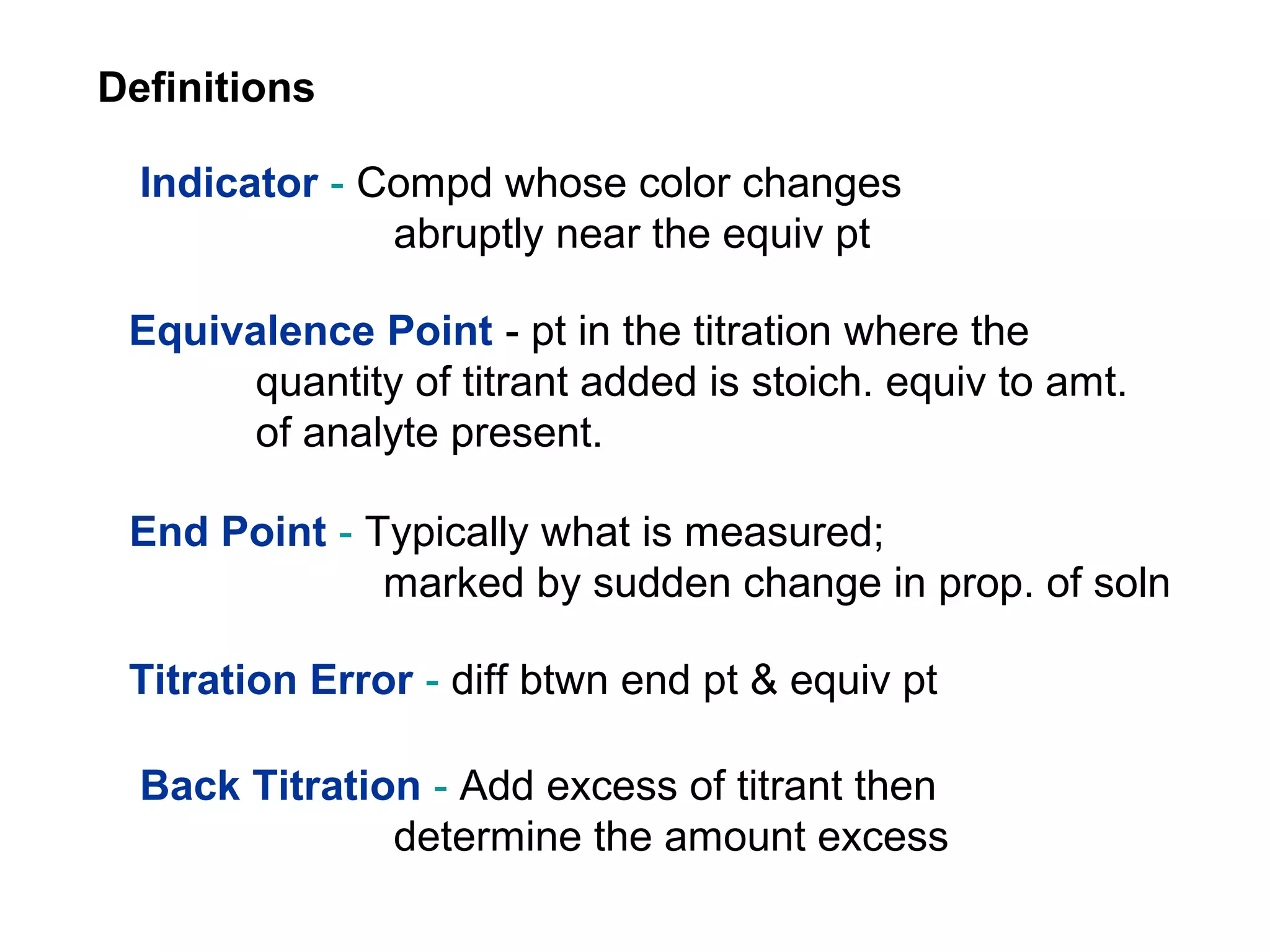 Definitions
Indicator - Compd whose color changes
abruptly near the equiv pt
Equivalence Point - pt in the titration where the
quantity of titrant added is stoich. equiv to amt.
of analyte present.
End Point - Typically what is measured;
marked by sudden change in prop. of soln
Titration Error - diff btwn end pt & equiv pt
Back Titration - Add excess of titrant then
determine the amount excess
 