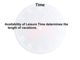 Time Availability of Leisure Time determines the length of vacations. 