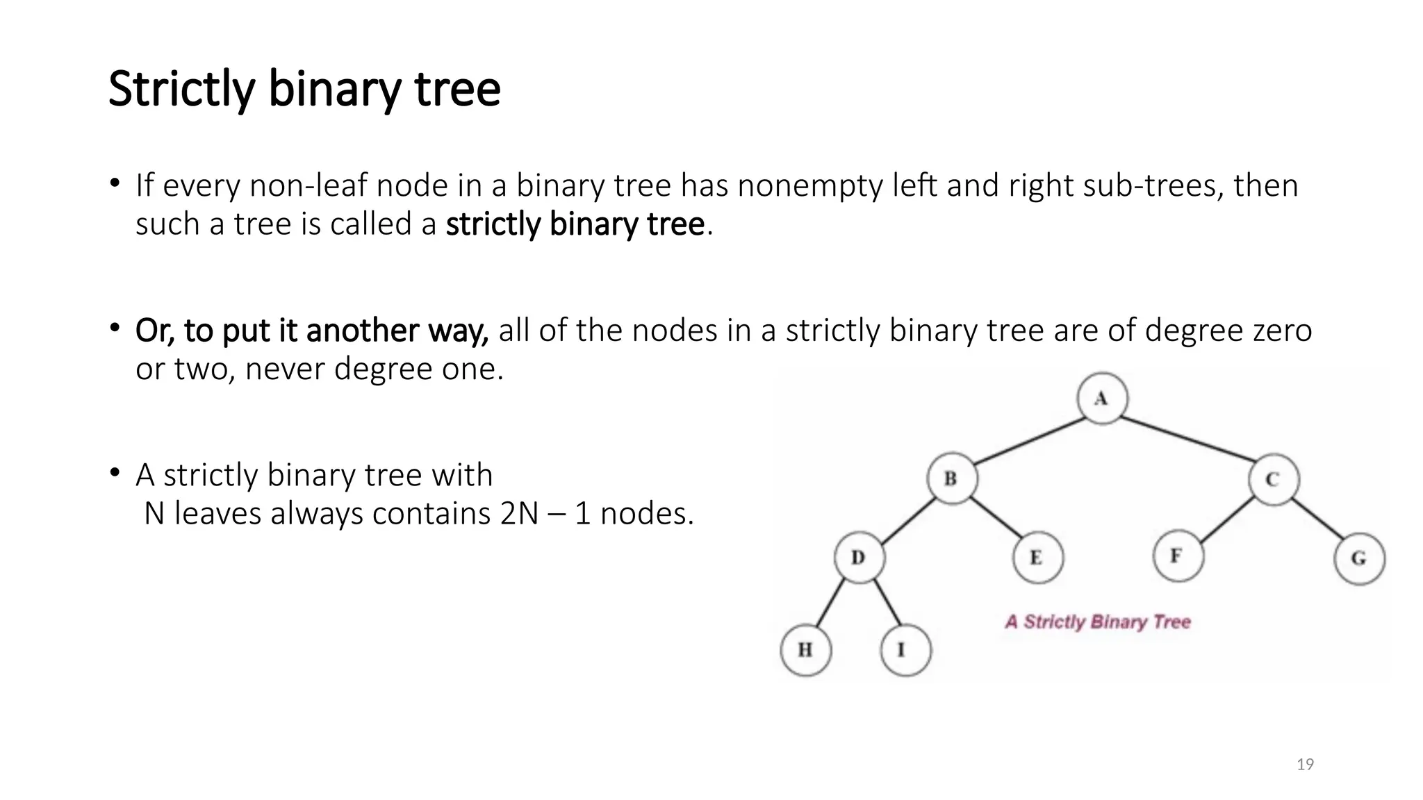 19
Strictly binary tree
• If every non-leaf node in a binary tree has nonempty left and right sub-trees, then
such a tree is called a strictly binary tree.
• Or, to put it another way, all of the nodes in a strictly binary tree are of degree zero
or two, never degree one.
• A strictly binary tree with
N leaves always contains 2N – 1 nodes.
 