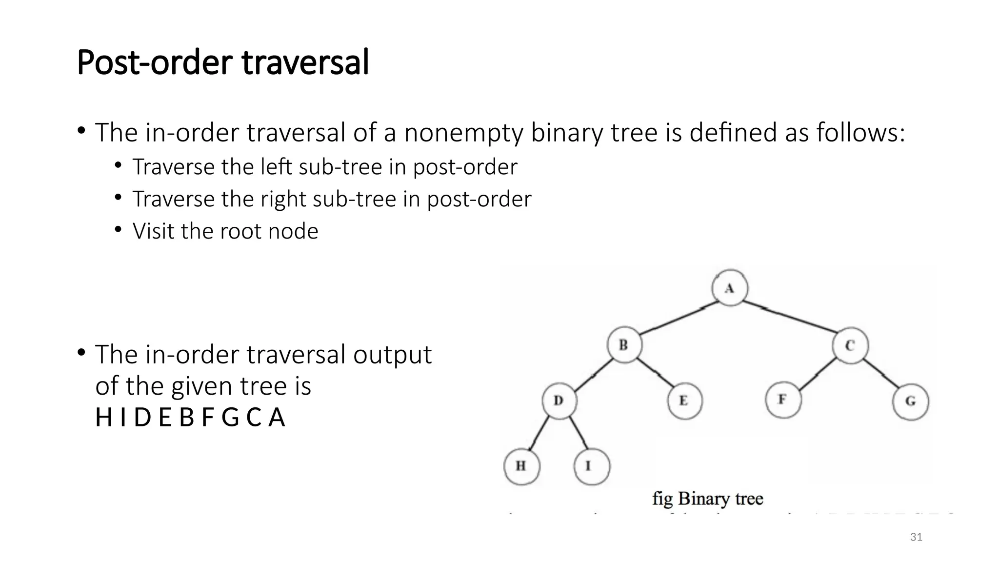 31
Post-order traversal
• The in-order traversal of a nonempty binary tree is defined as follows:
• Traverse the left sub-tree in post-order
• Traverse the right sub-tree in post-order
• Visit the root node
• The in-order traversal output
of the given tree is
H I D E B F G C A
 