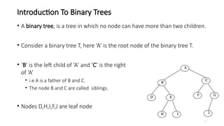 13
Introduction To Binary Trees
• A binary tree, is a tree in which no node can have more than two children.
• Consider a binary tree T, here ‘A’ is the root node of the binary tree T.
• ‘B’ is the left child of ‘A’ and ‘C’ is the right child
of ‘A’
• i.e A is a father of B and C.
• The node B and C are called siblings.
• Nodes D,H,I,F,J are leaf node
 