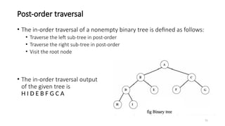 31
Post-order traversal
• The in-order traversal of a nonempty binary tree is defined as follows:
• Traverse the left sub-tree in post-order
• Traverse the right sub-tree in post-order
• Visit the root node
• The in-order traversal output
of the given tree is
H I D E B F G C A
 