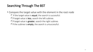 40
Searching Through The BST
• Compare the target value with the element in the root node
 If the target value is equal, the search is successful.
If target value is less, search the left subtree.
If target value is greater, search the right subtree.
If the subtree is empty, the search is unsuccessful.
 